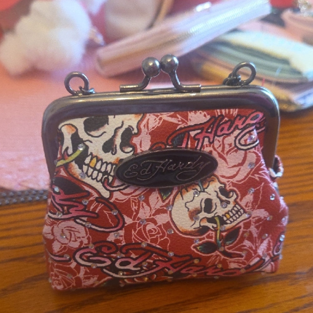 Ed Hardy Red Skull & Rose Frame Coin Purse